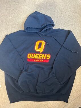 Queens Gildan Navy Crewneck Hoodie with Yellow & Red Queens Athletics logo XL
